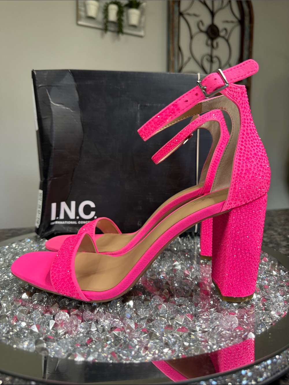 INC International Concepts Neon Pink Block Heel Ankle Strap Sandals